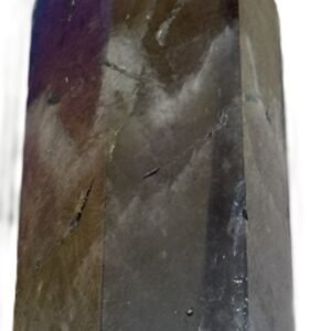 Standing rainbow amethyst aura polished crystal point 12 sians emporium Polished rainbow amethyst aura quartz generator point showing iridescent green violet and gold metallic sheen over natural chevron banding